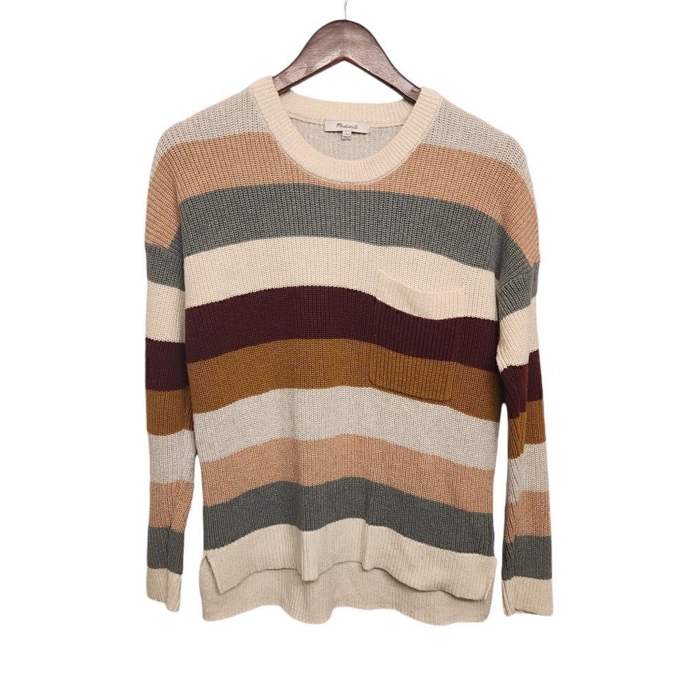 Madewell Thompson Pocket Pullover Ribbed Knit Sweater Neutral Stripe Small